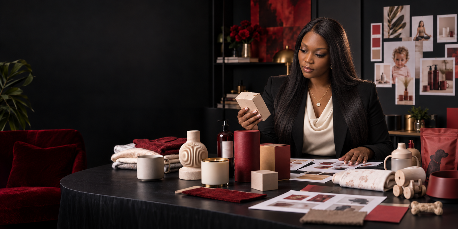 Tierra Buffin reviewing product concepts and packaging at the Vision to Venture Studios desk
